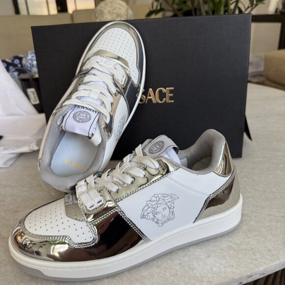 Versace Medusa White Leather Men's Sneaker Shoe, 1013377, Silver patent leather - Picture 11 of 13